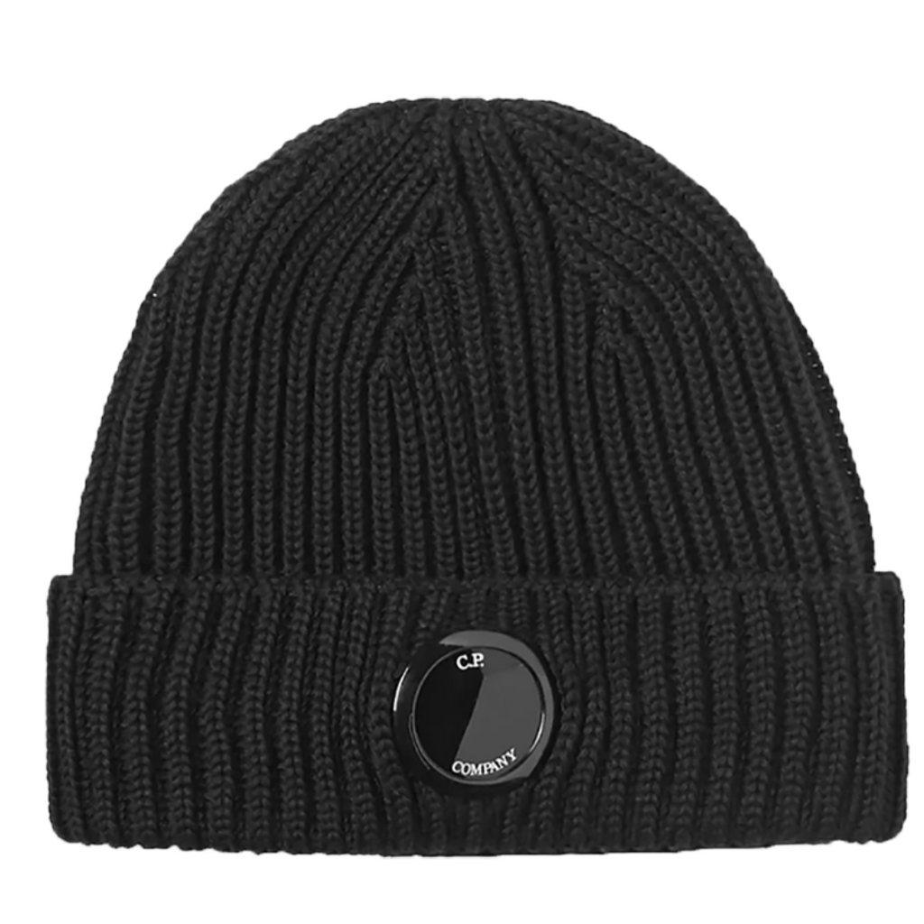 CP COMPANY LENS DETAIL KNITTED BEANIE IN BLACK - Designer Cartelz